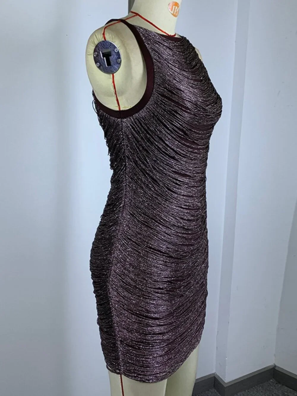 Stunning Chocolate Brown Metallic Fringe Sleeveless Bodycon Mini Dress